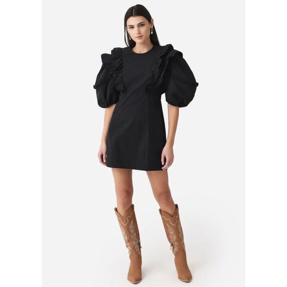 Rhode Varja Linen Puff Sleeve Dress Women’s Size 6 Mini Black - Picture 1 of 7